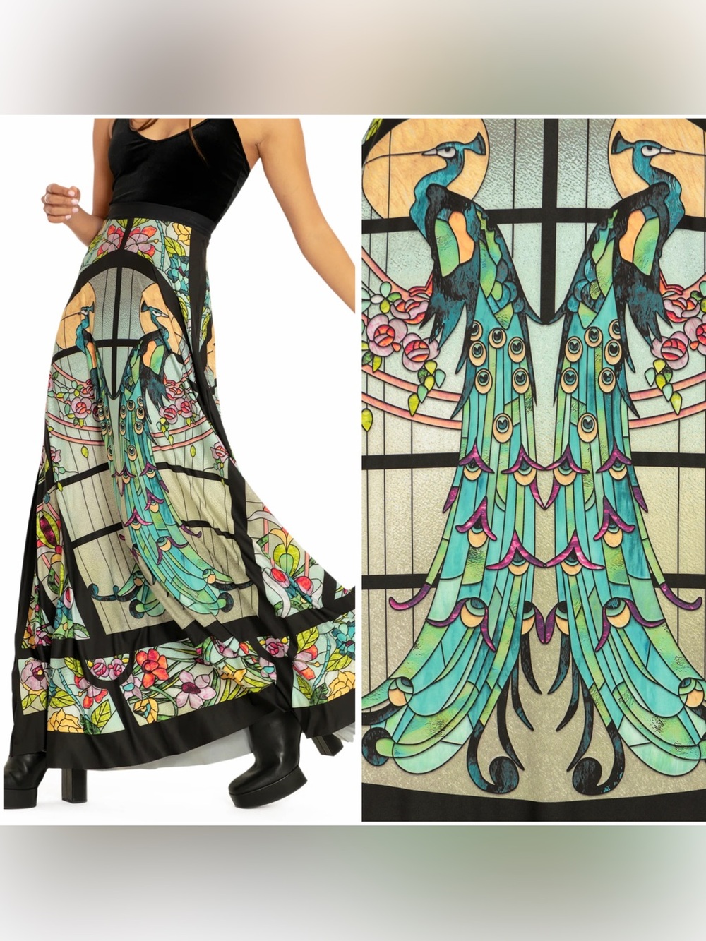 Blackmilk Black Maxi Skirt with Multicolor Peacock Stained-Glass Print